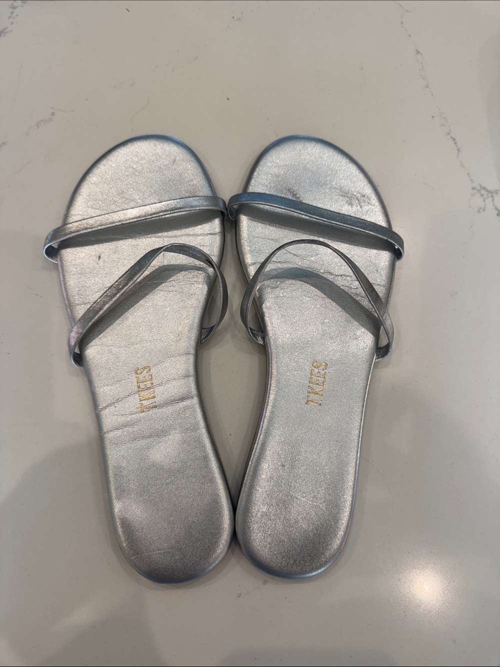 TKEES Metallic Silver Double-Strap Slide Sandals